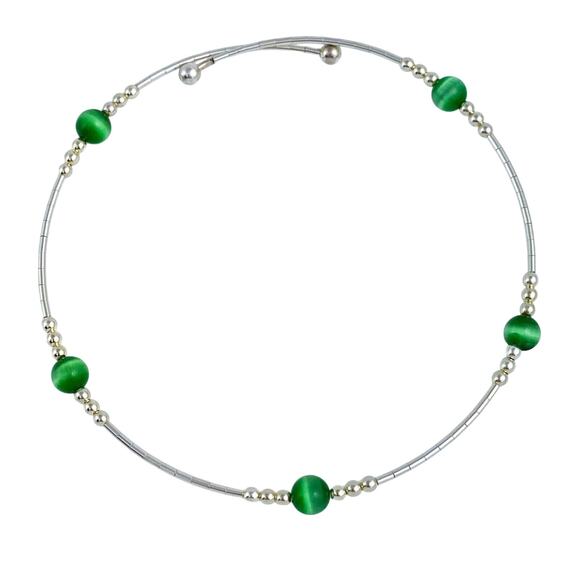Memory Wire Green Cat's Eye Bracelet | Sterling Silver 925 | 7.5" - Picture 1 of 4